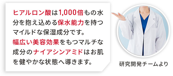 研究開発チームより ヒアルロン酸は1,000倍もの水分を抱え込める保水能力を持つマイルドな保湿成分です。幅広い美容効果をもつマルチな成分のナイアシンアミドはお肌を健やかな状態へ導きます。