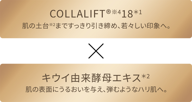 COLLALIFT®18　肌の土台まですっきり引き締め、若々しい印象へ。×キウイ由来酵母エキス　肌の表面にうるおいを与え、弾むようなハリ肌へ。