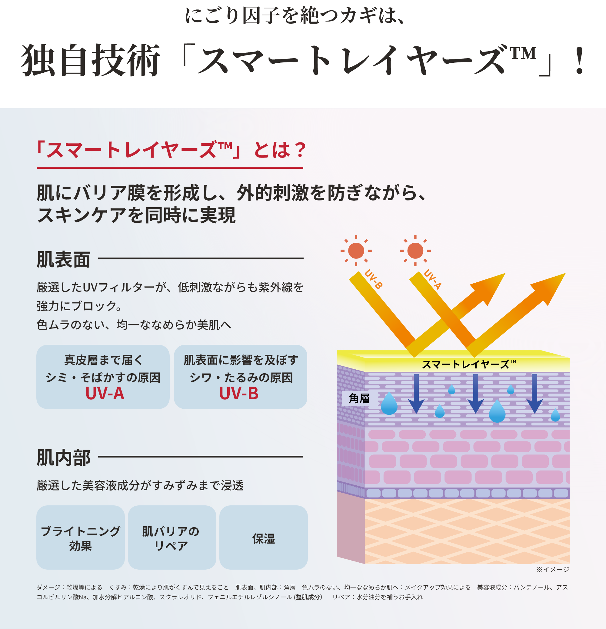 にごり因子を絶つカギは、独自技術「スマートレイヤーズ」！ 「スマートレイヤーズ」とは？ 肌にバリア膜を形成し、外的刺激を防ぎながら、スキンケアを同時に実現