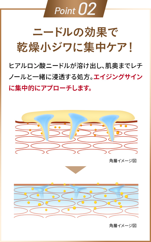 Point02 ニードルの効果で乾燥小ジワに集中ケア ヒアルロン酸ニードルが溶け出し、肌奥までレチノールと一緒に浸透する処方。エイジングサインに集中的にアプローチします。